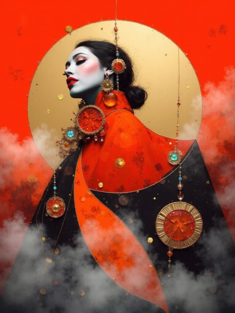 Ember Fairy Goddess in Fire with Gold Leaf Motifs