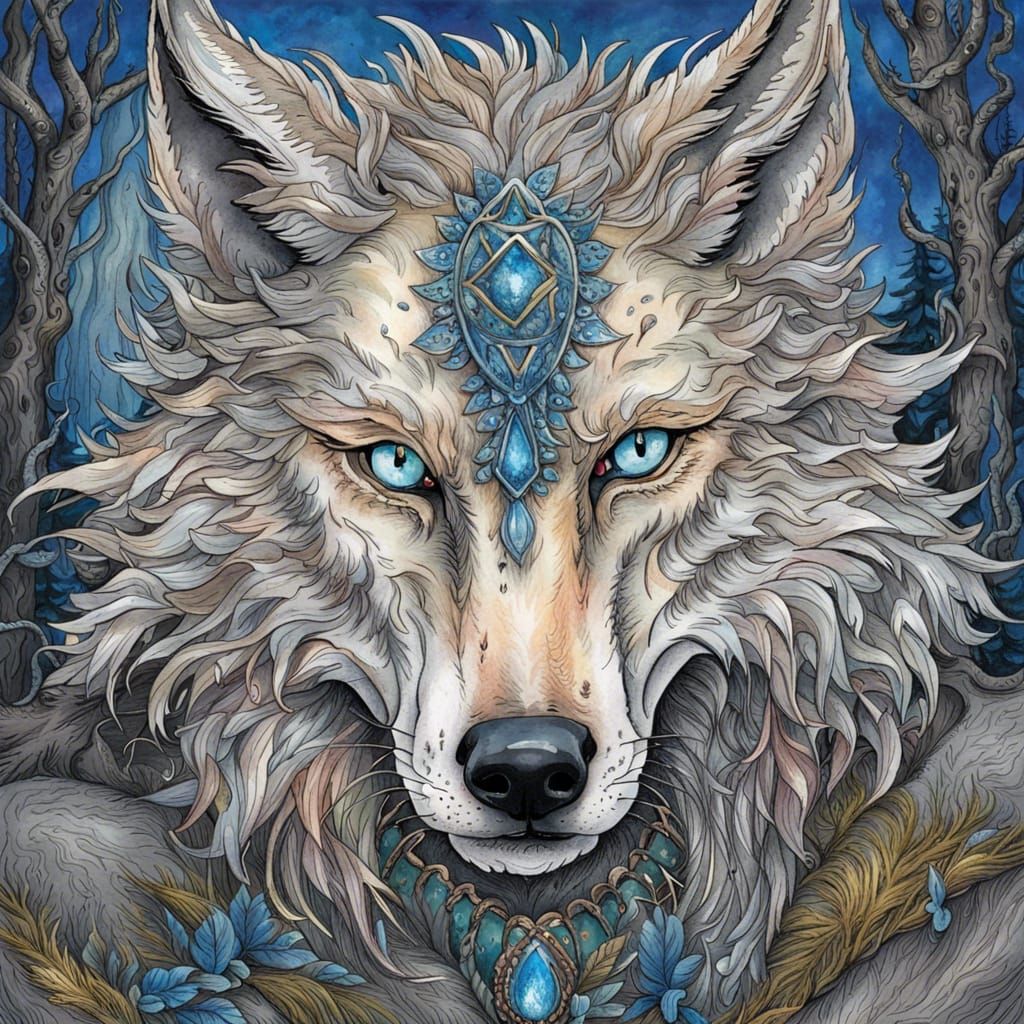 Non-Binary Wolf Warrior Portrait as Quentin Blake Masterpiec...