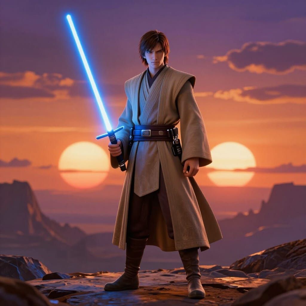 Jedi Knight on Alien Planet at Sunset