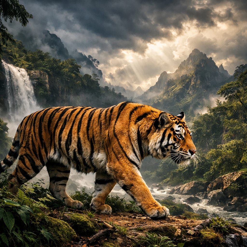 Tiger Walks Through Lush Jungle Landscape