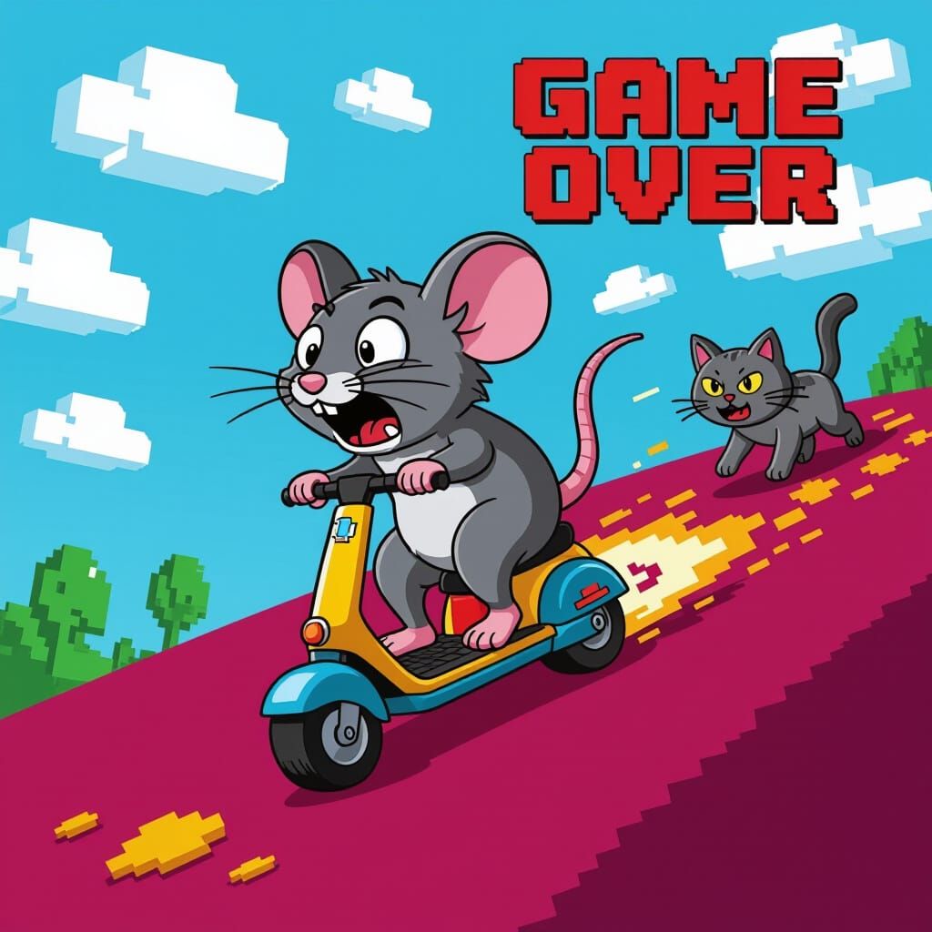 Mouse on Scooter Hurtles Downhill in 8-bit Style