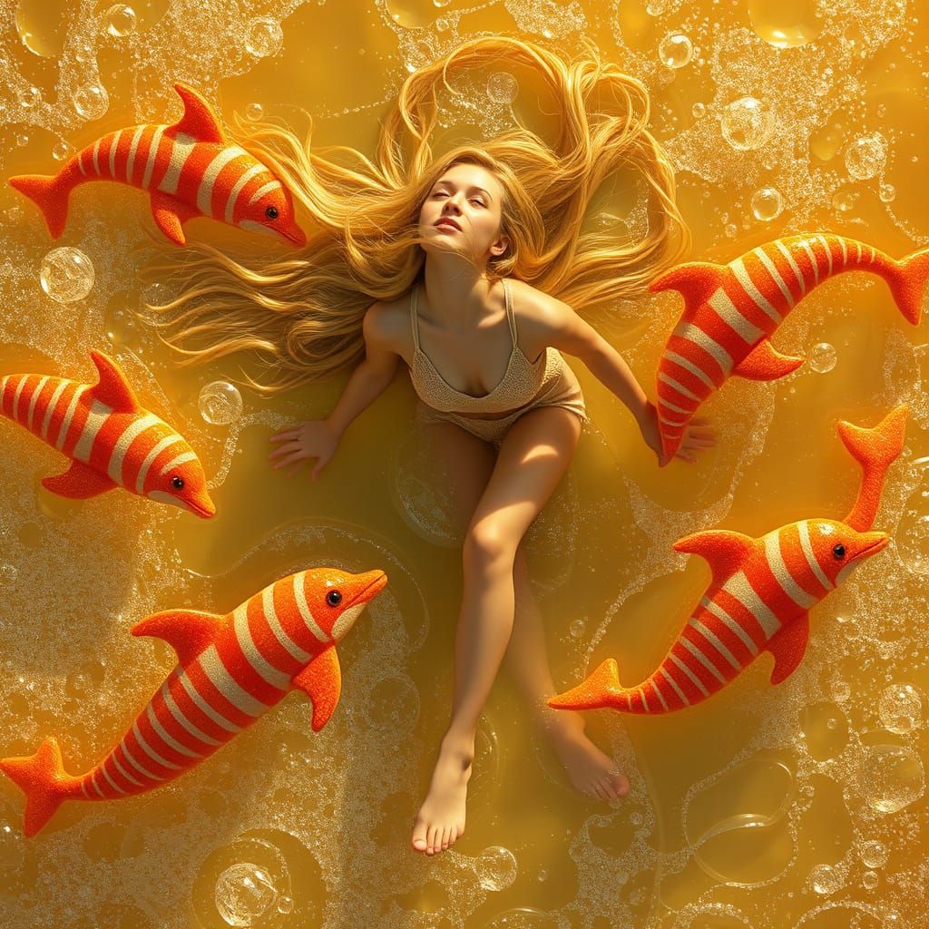 Woman Glides Over Soda Sea with Candy Dolphins