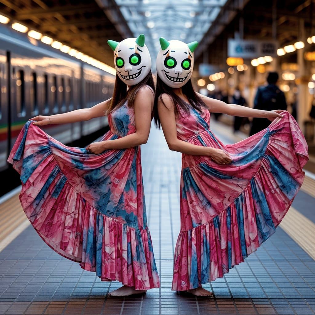 Women in Kigurumi Masks with Green Eyes in Japanese Train St...