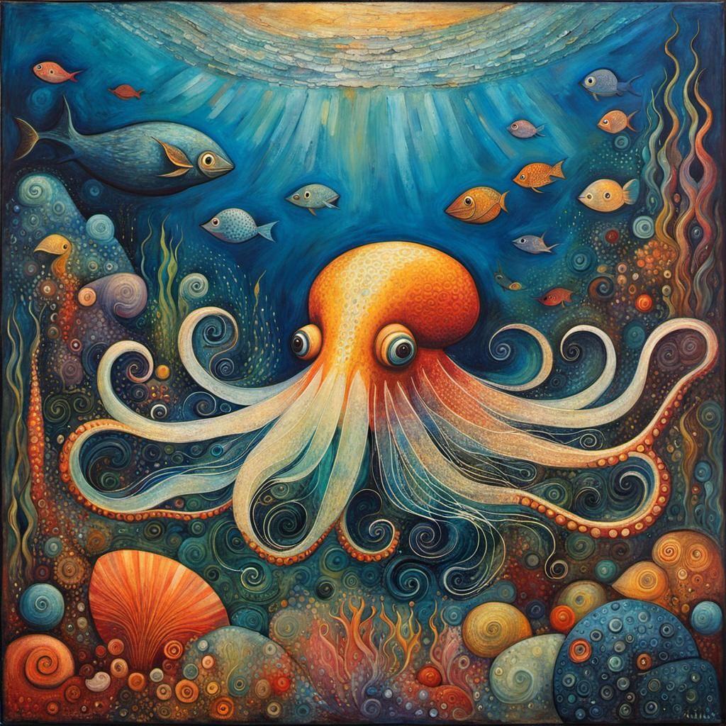 Encaustic Squid in Deep Sea, Impasto Painting