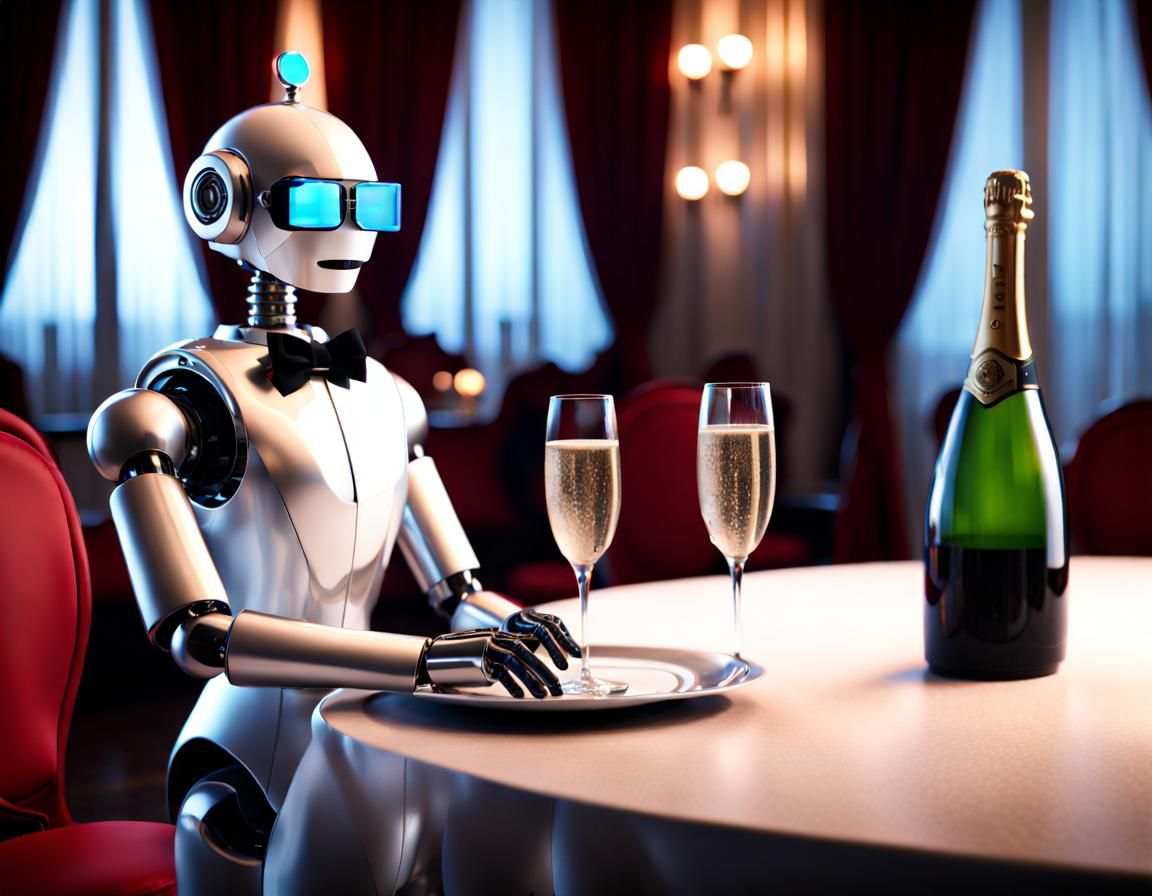 Futuristic Robot Butler Serving Champagne, Photorealistic 8k