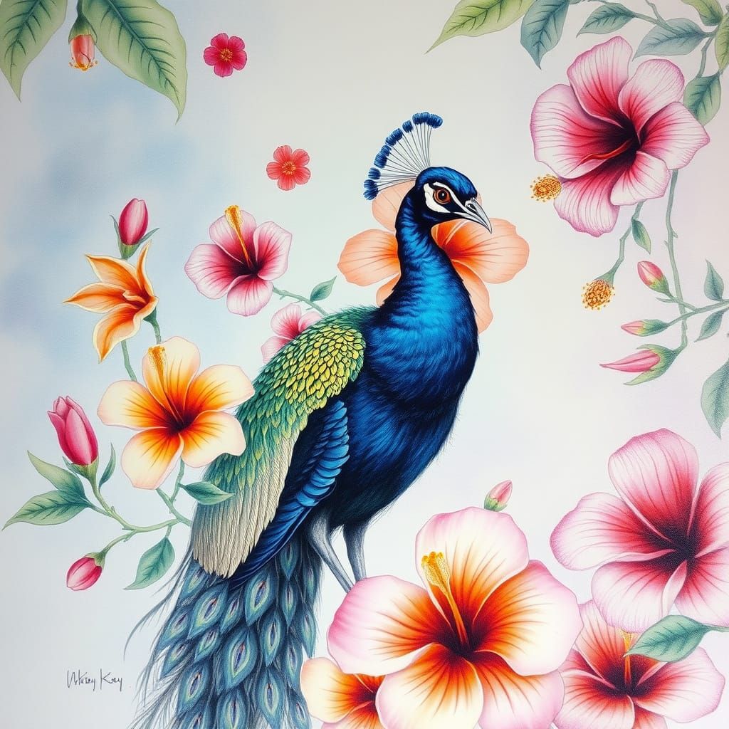 Whimsical Charcoal Peacock Amidst Vibrant Hibiscus Blooms