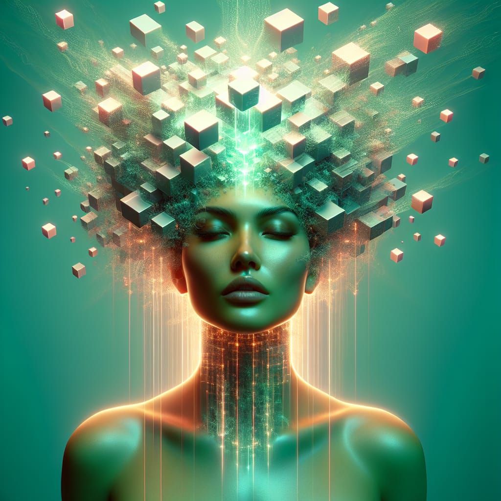 Surreal Green Portrait of a Latina Woman with Cubes