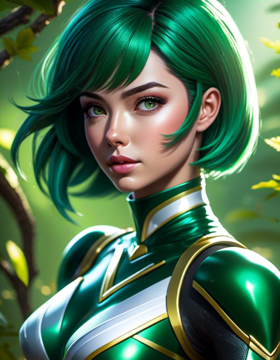 Green Power Ranger Soaring Through Forest