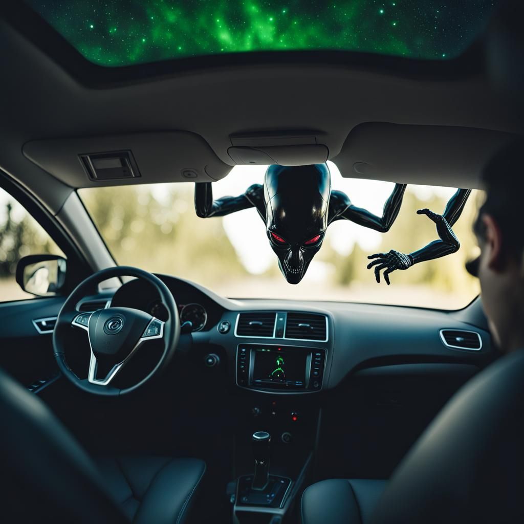 Alien Abduction From Car Interior in Bokeh Style