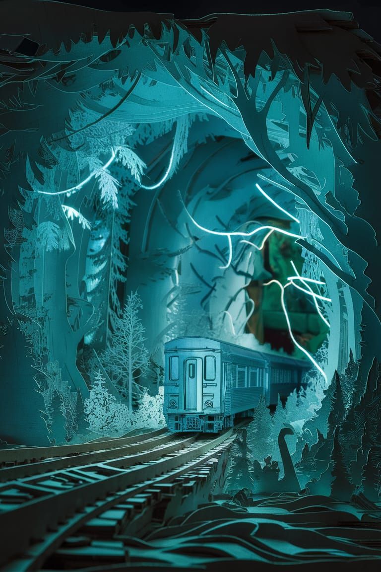 Train Through Forest in LED Papercut Diorama