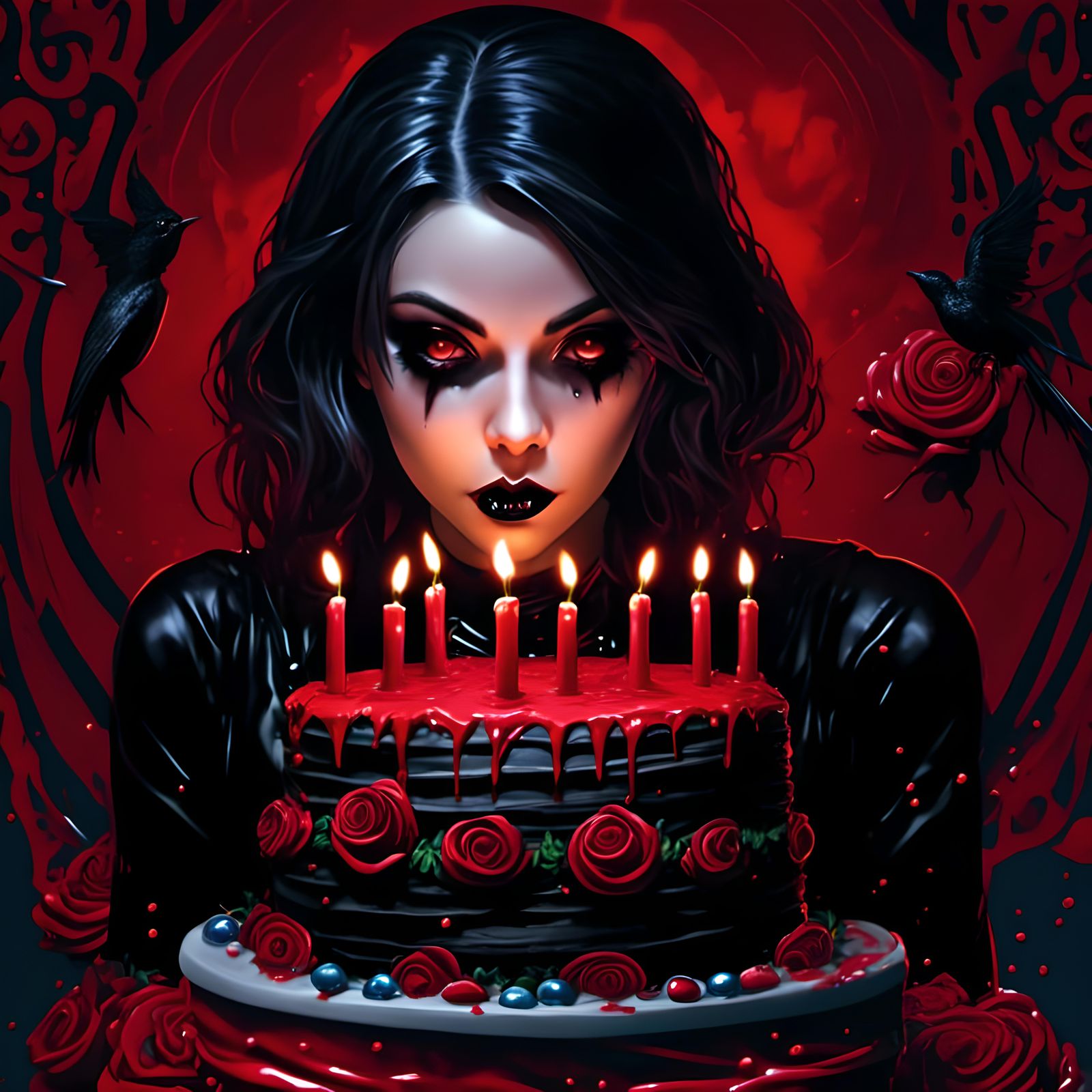 Goth birthday cake with candles, black frosting, red rose decorations, goth girl blowing out candles, Hyperrealistic, s...