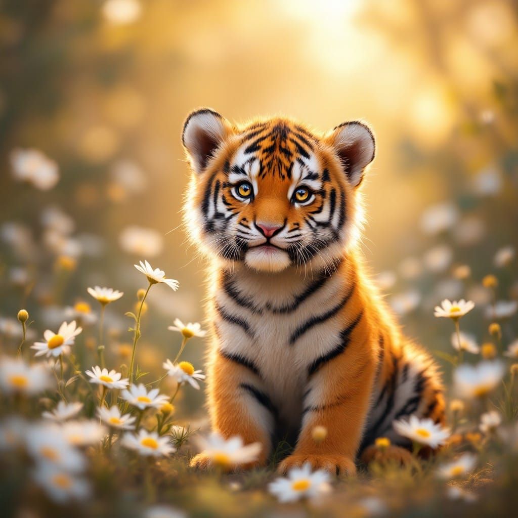 Tiger Cub Amidst Vibrant Daisies in Soft-Glowing Sunlight
