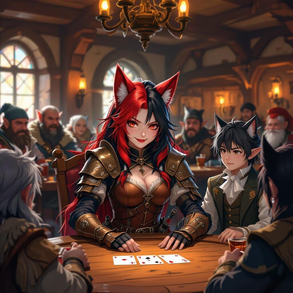 Kitsune Girl Wins Card Game in Anime Tavern