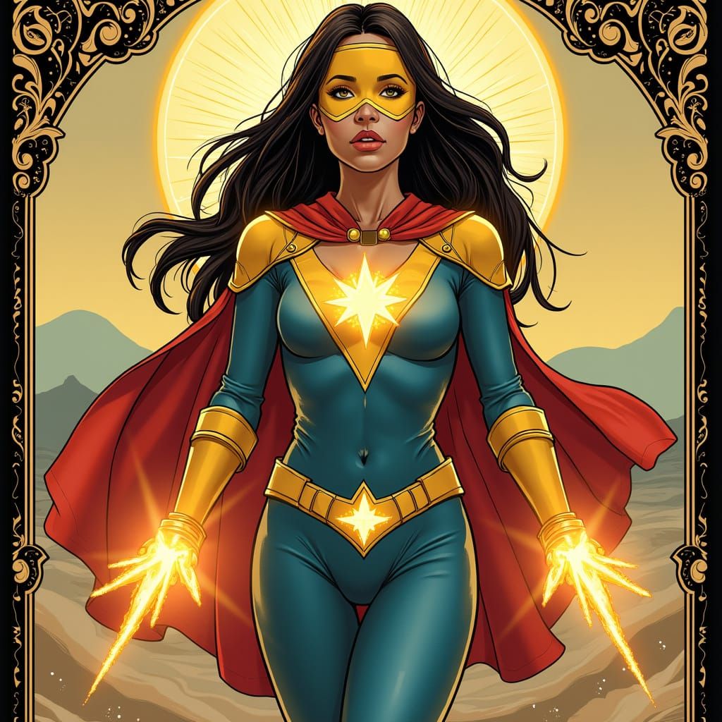 Radiant Art Nouveau Superhero in Cosmic Landscape