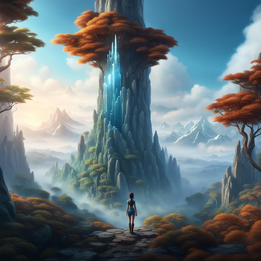 Avatar Girl Gazing at Crystal Tower in Valley