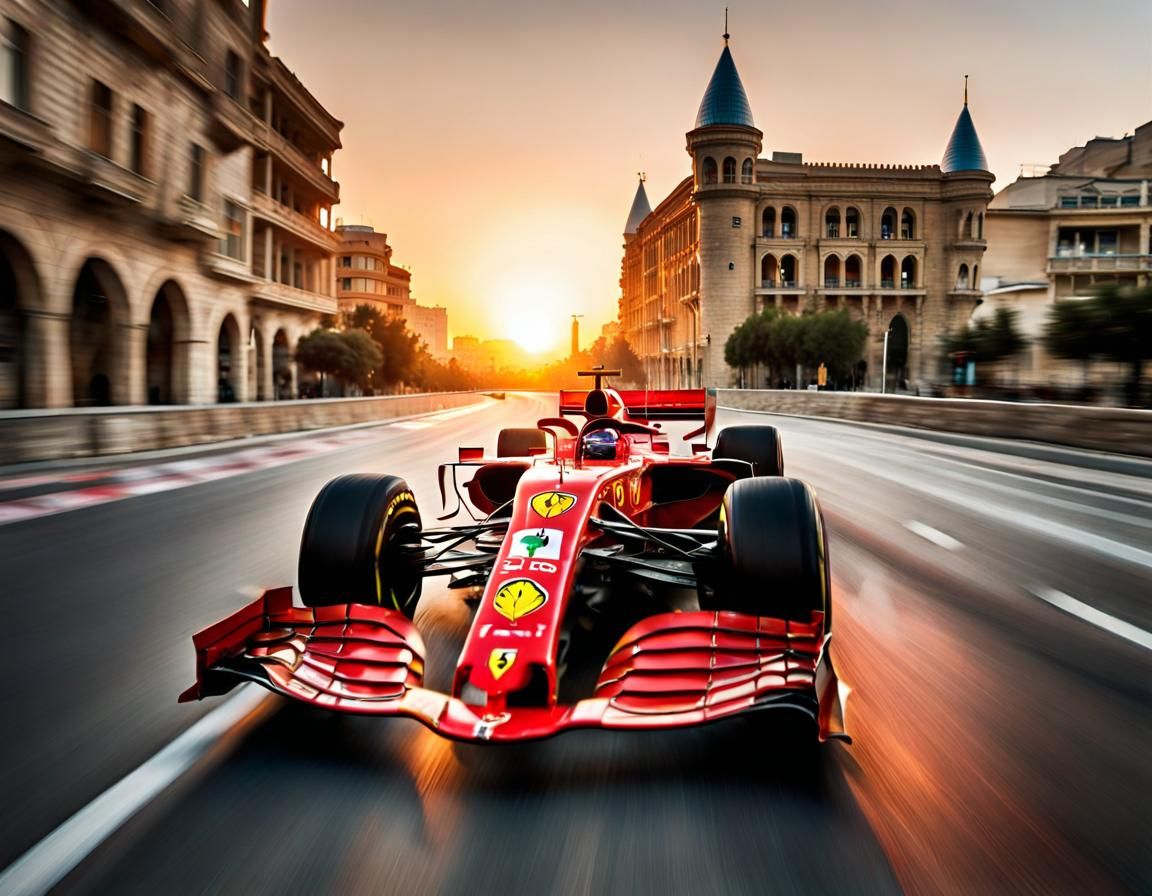 Ferrari F1 Car Races Through Baku at Sunset