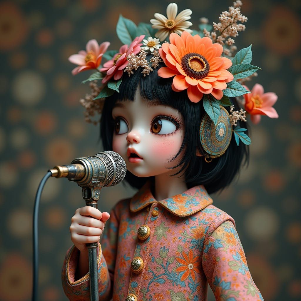 Enigmatic Micro-Singer in Vibrant, Dreamlike Attire