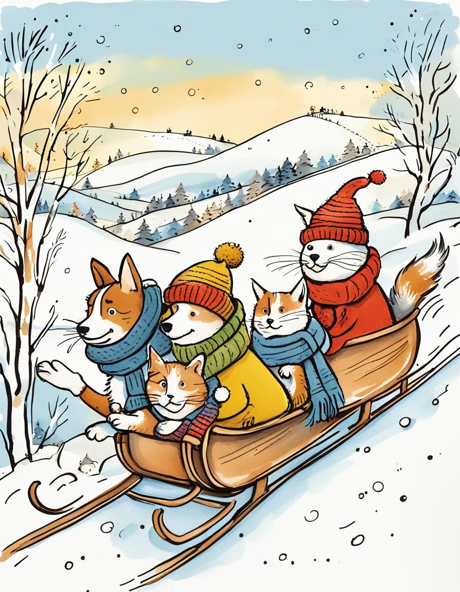 Sledding Friends in Festive Whimsy