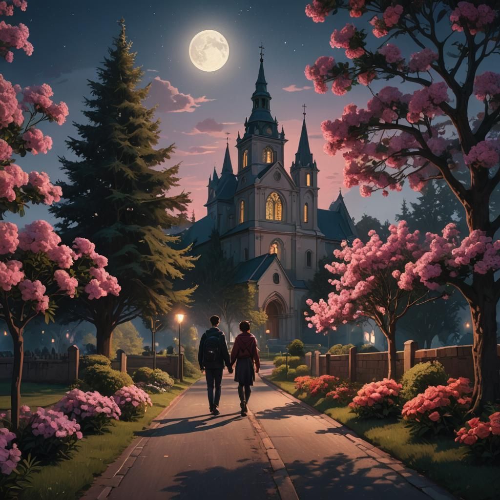 Couple Walks by Church at Night: Hyperrealistic Art