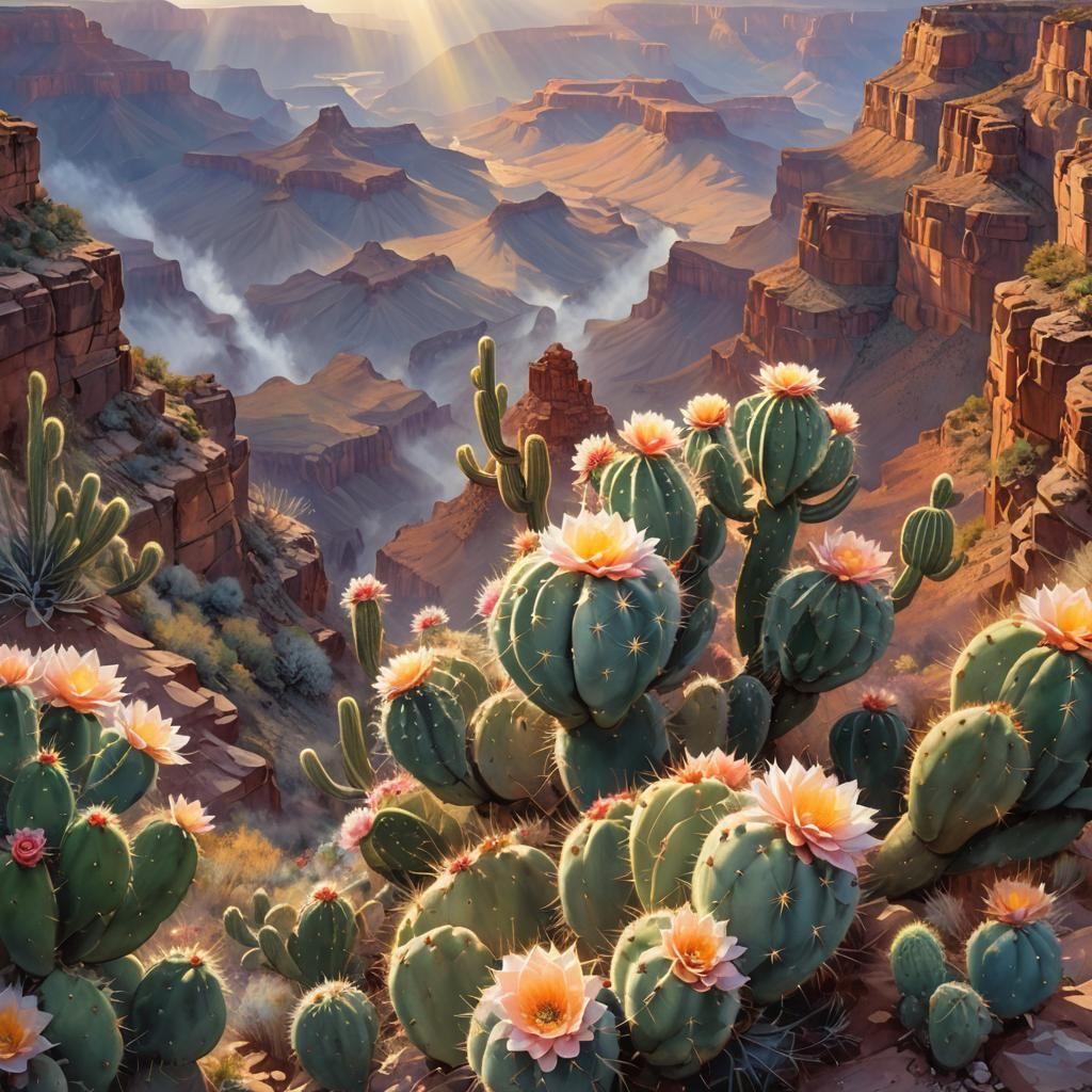 Blooming Cactus at Grand Canyon in Fantasy Style
