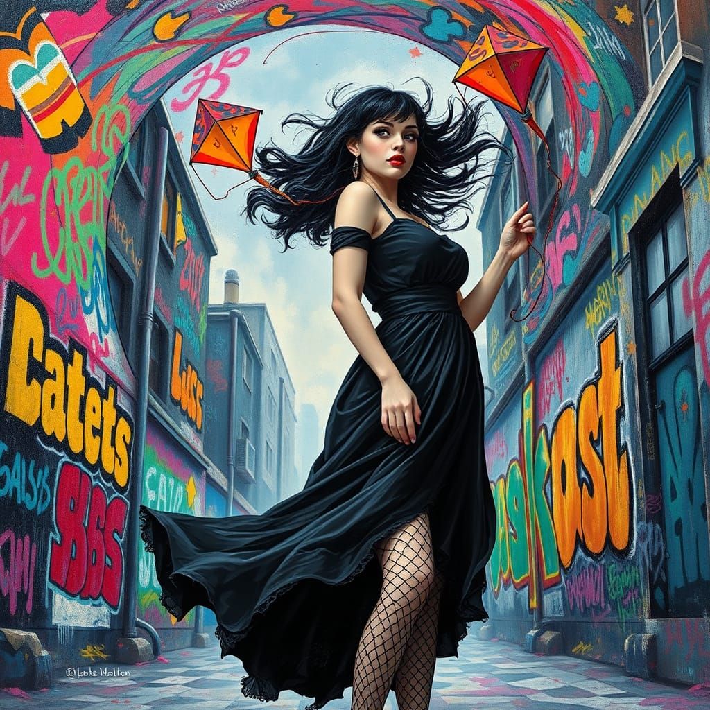 Goth Girl with Kite in Graffiti Vortex
