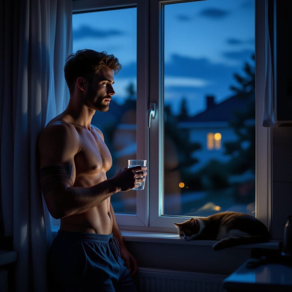 Man Gazes Out Window on Hot Summer Night
