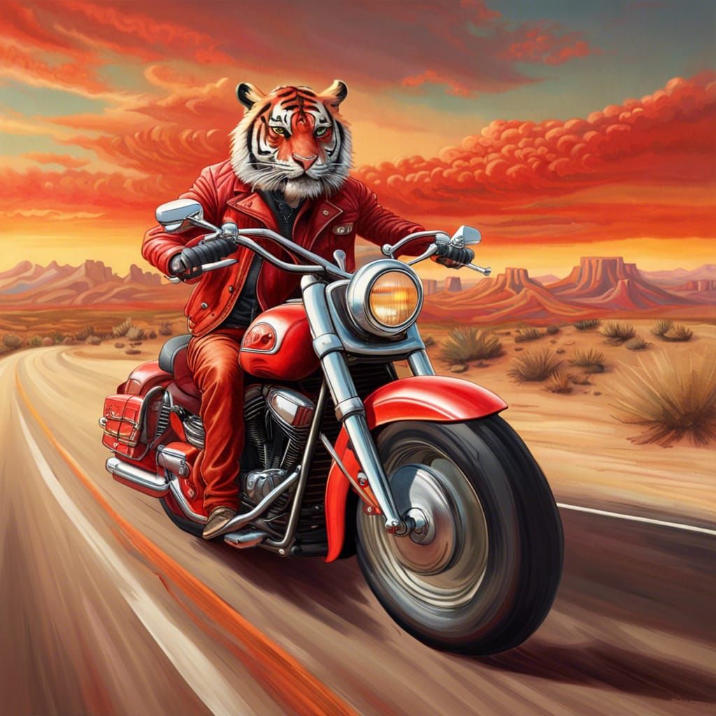 Anthropomorphic tiger riding a red 1989 Harley Davidson soft tail motorcycle on a desert highway, 16k resolution, hyper...