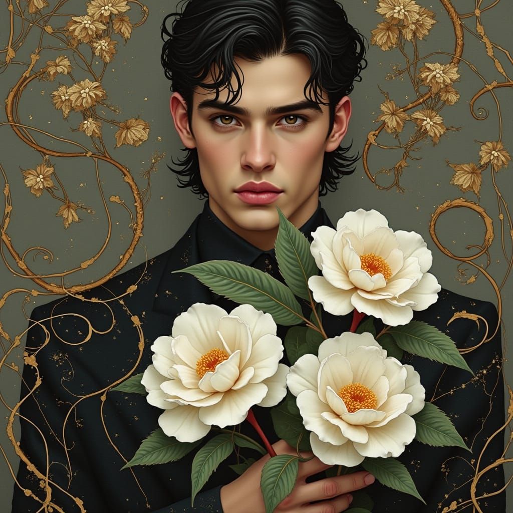 Surreal Man with Camellias in Opal and Gold