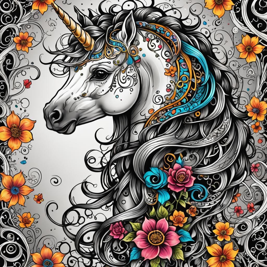 "Tattoo beautiful colorful lacy filagree unicorn pattern tangled in a whirlwind of unicorn a tattoo drawing of a white a...