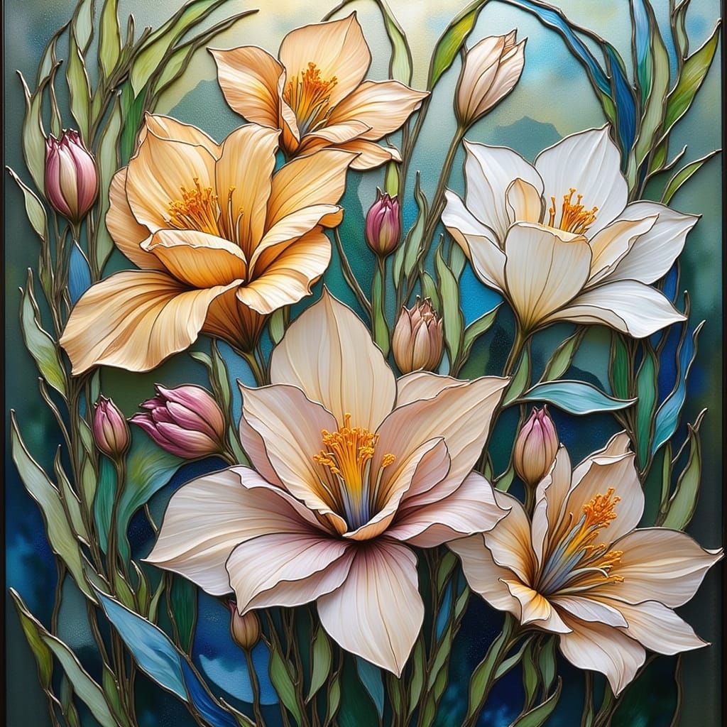 Flowers in Stained Glass Sumi-e Style