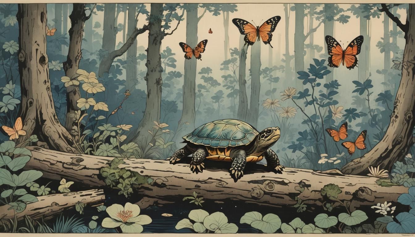 Ukiyo-e Turtle Gazing at Butterfly in Forest