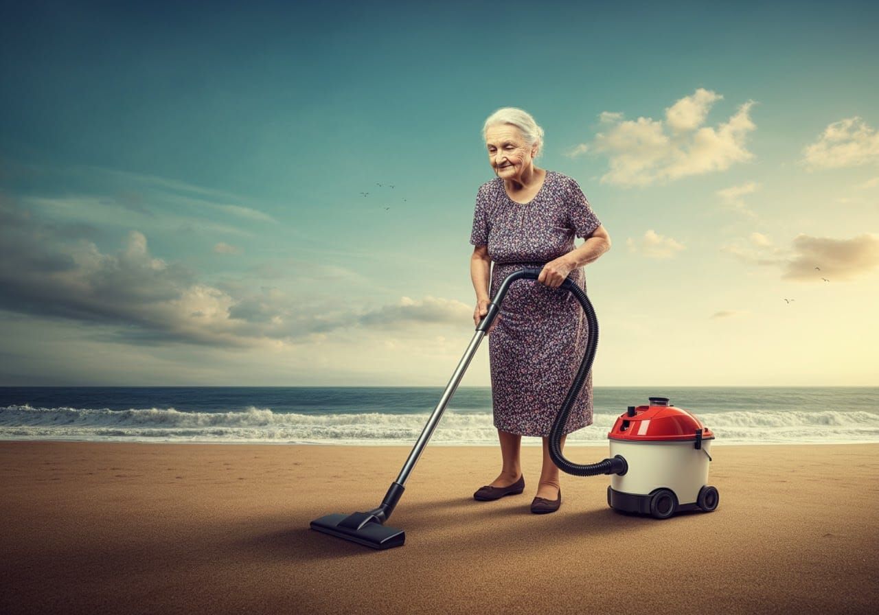 An old lady vacuuming the beach