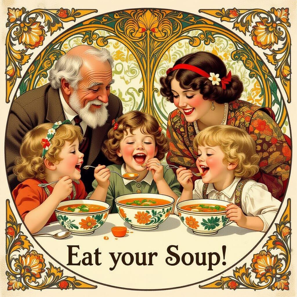 Art Nouveau Children Joyfully Eating Soup