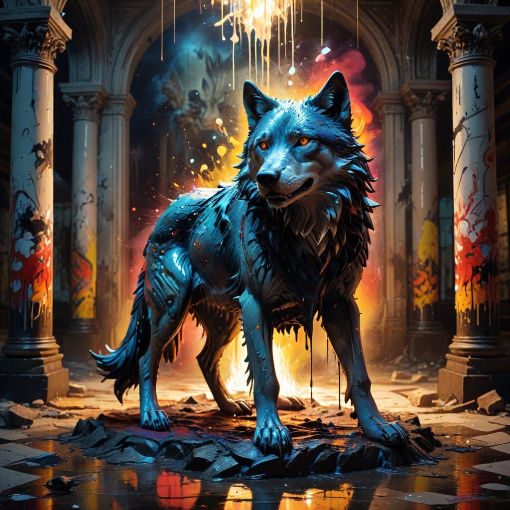 envision a wax statue of a majestic wolf melting in a grand hall, its form contorting and distorting as the wax drips an...