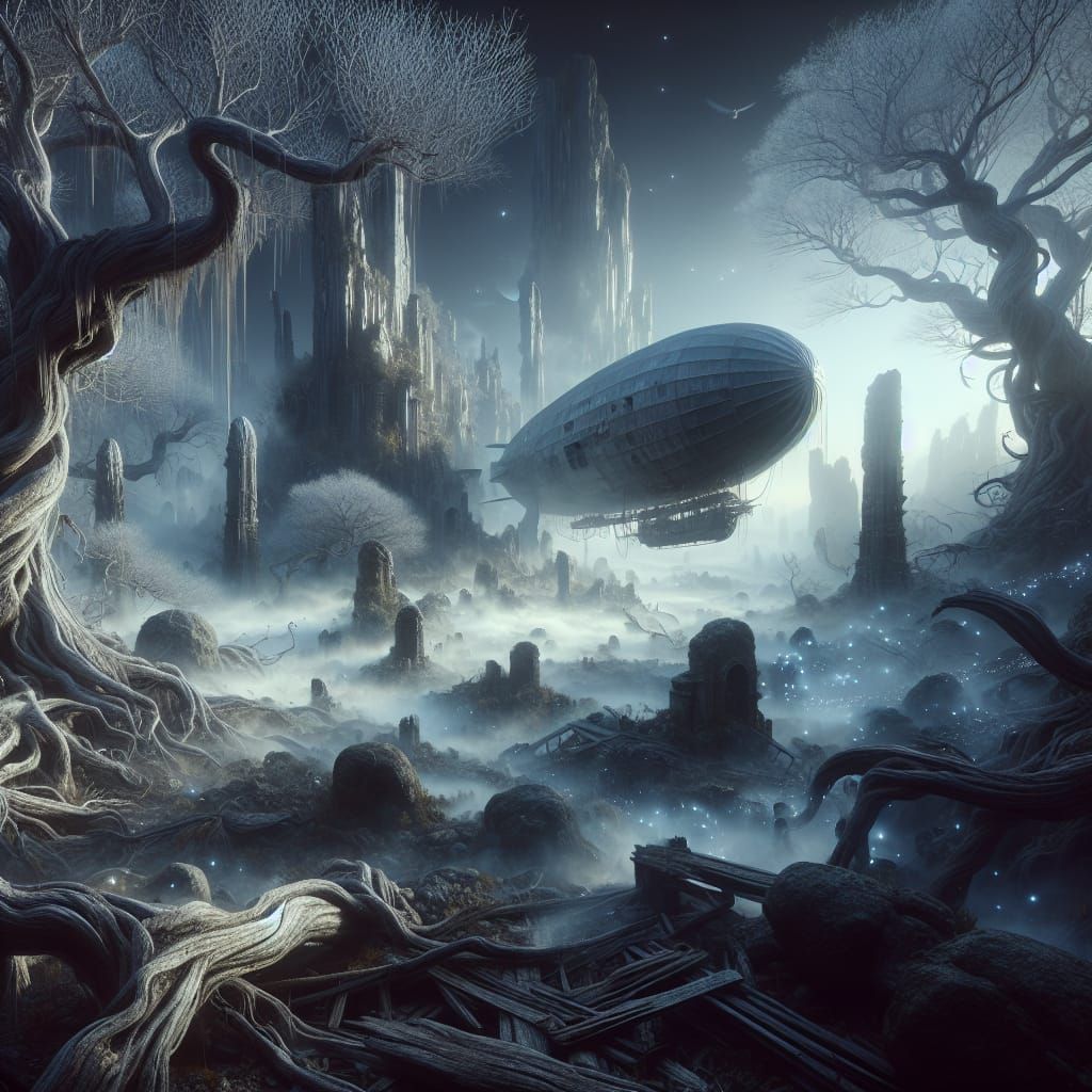 Enchanted Landscape with Crashed Airship in Surreal Setting