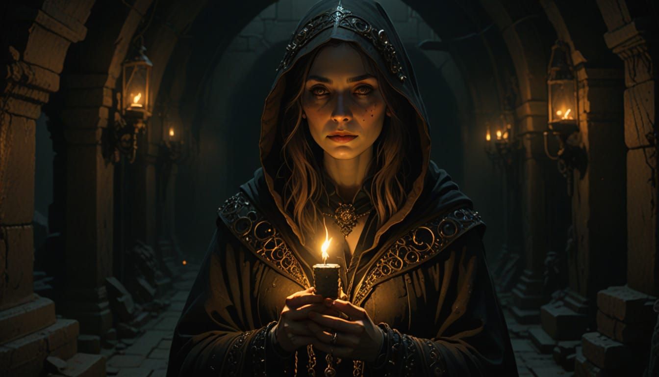 Gothic Witch in Mysterious Catacombs