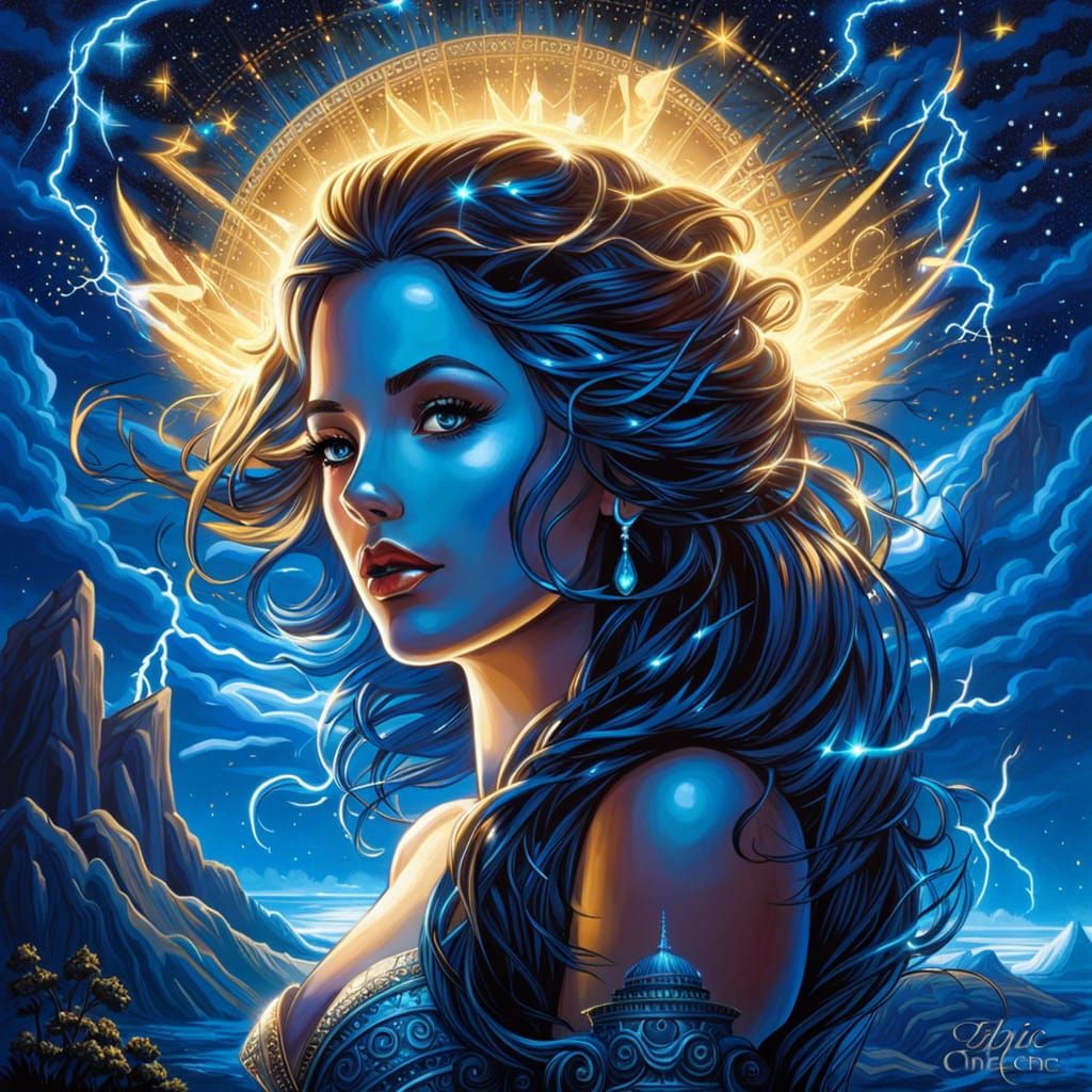 Electrical Goddess in Cosmic Lightning Scape
