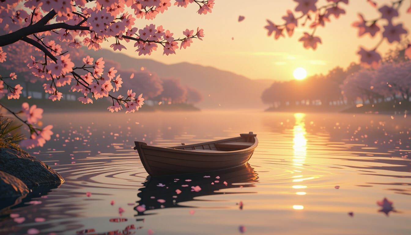 Serene Lake at Sunrise with Cherry Blossoms: 3D Render