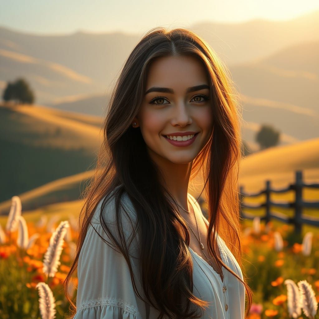 Enchanting Countryside Goddess in Soft Golden Light