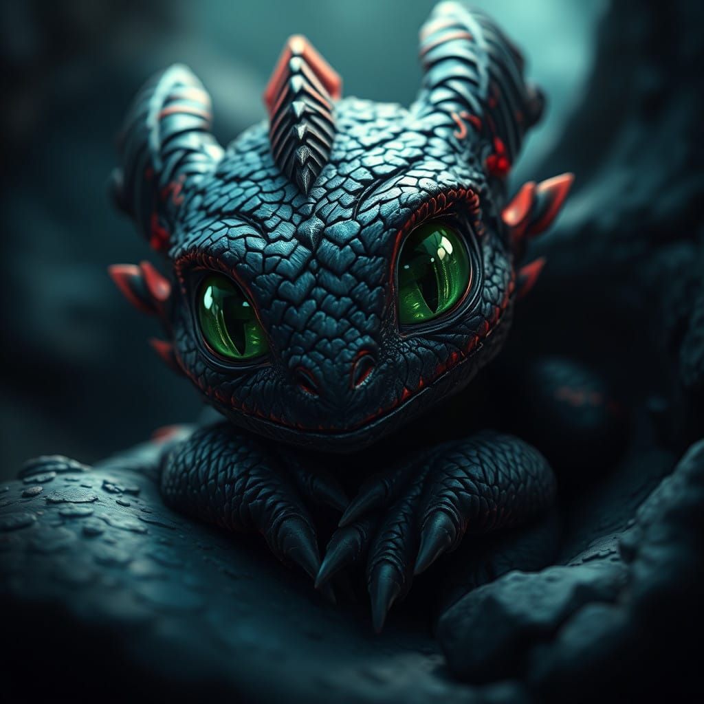 Whimsical Black Dragon in Mysterious, Dreamlike Setting