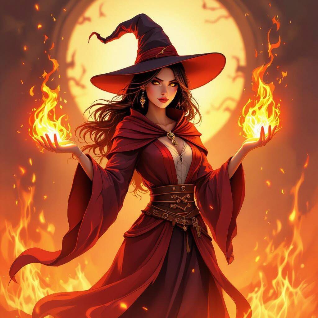Beautiful Fire Witch in Vibrant Painterly Digital Art Style