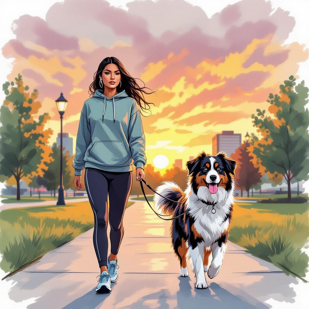 Native American Woman with Dog at Sunset Park