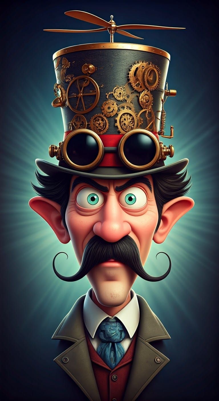 Steampunk Mad Hatter Cartoon Portrait with Gadgets