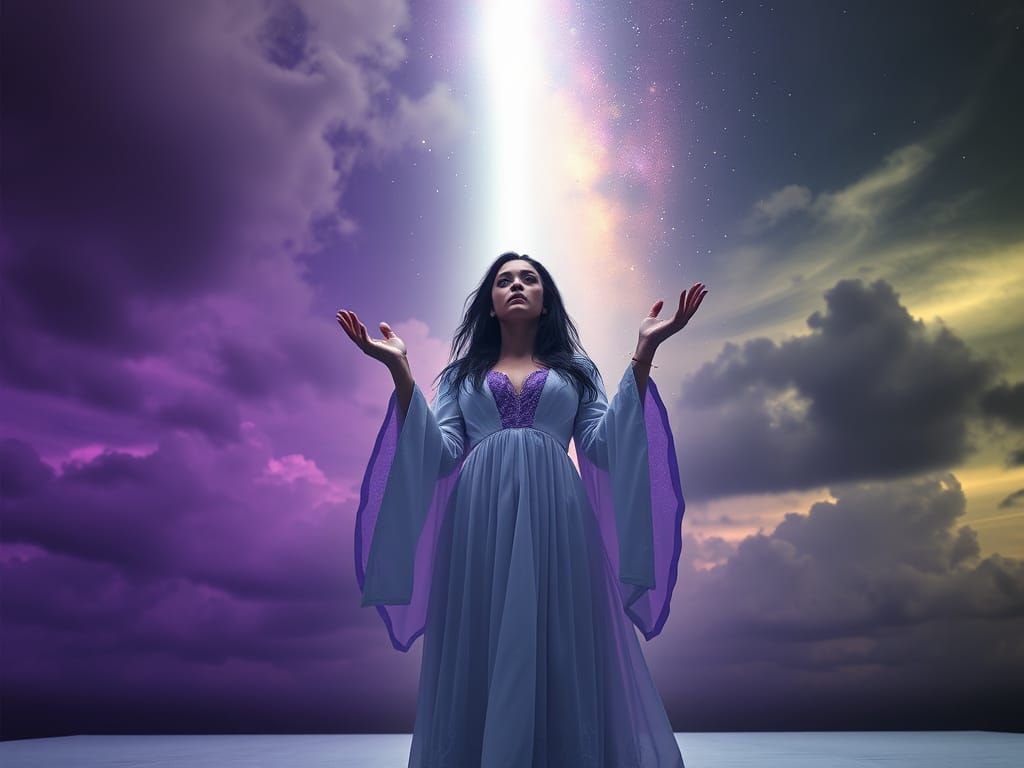 Cosmic Goddess Embracing Celestial Light in a Dark Fantasy R...