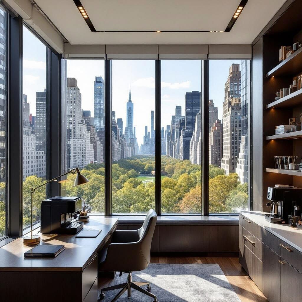 Modern NYC Office with Central Park View in Navy, Grey, Beig...