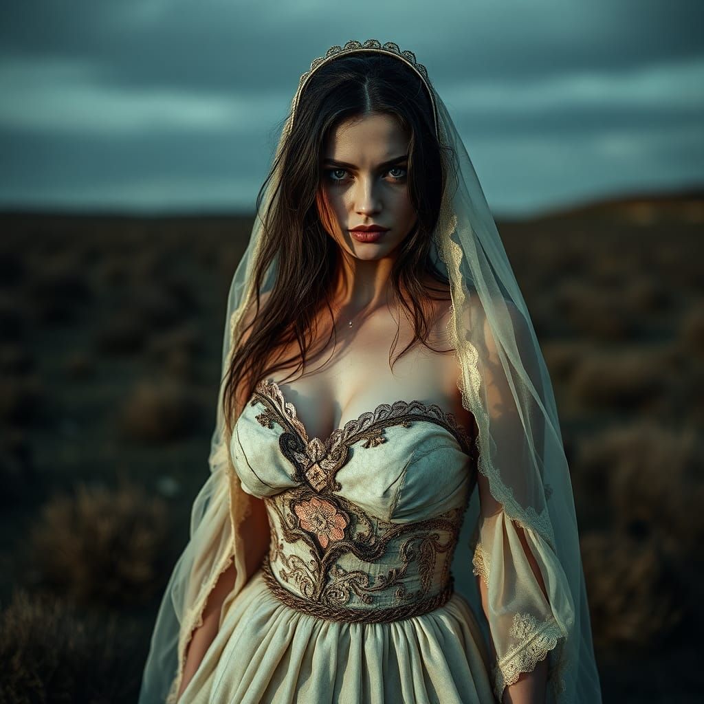 Macabre Bride in Dystopian Landscape, Biomechanical Art