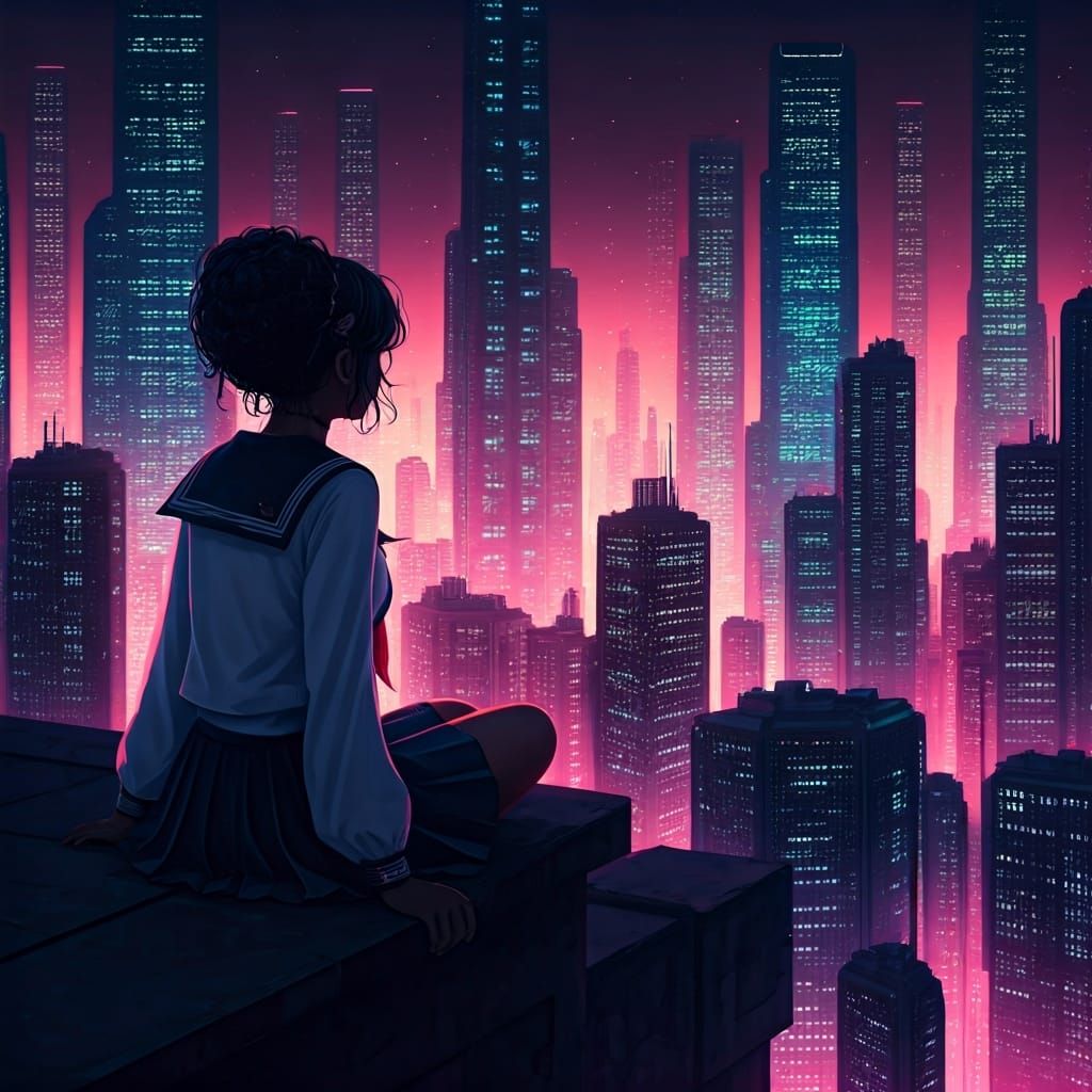Cyberpunk Girl Gazing Over Neon Ecumenopolis