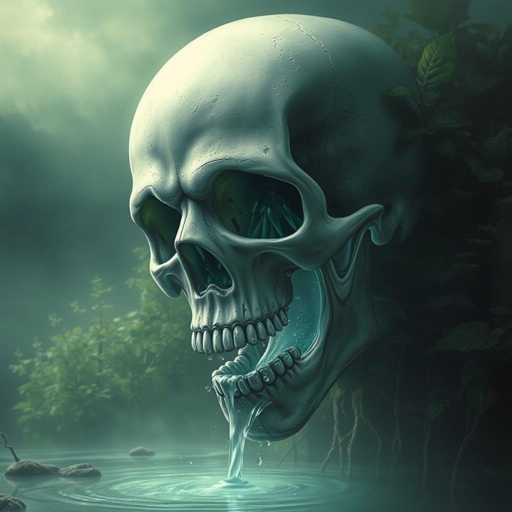 Surreal Skull Reveals Hidden Waterfall in Lush Greenery