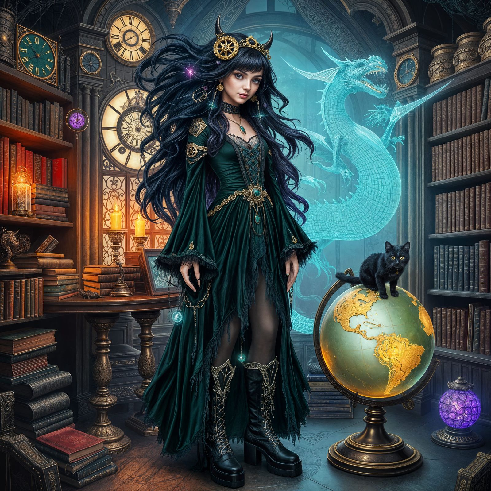 Gothic Sorceress in Clockwork Library, Digital Art
