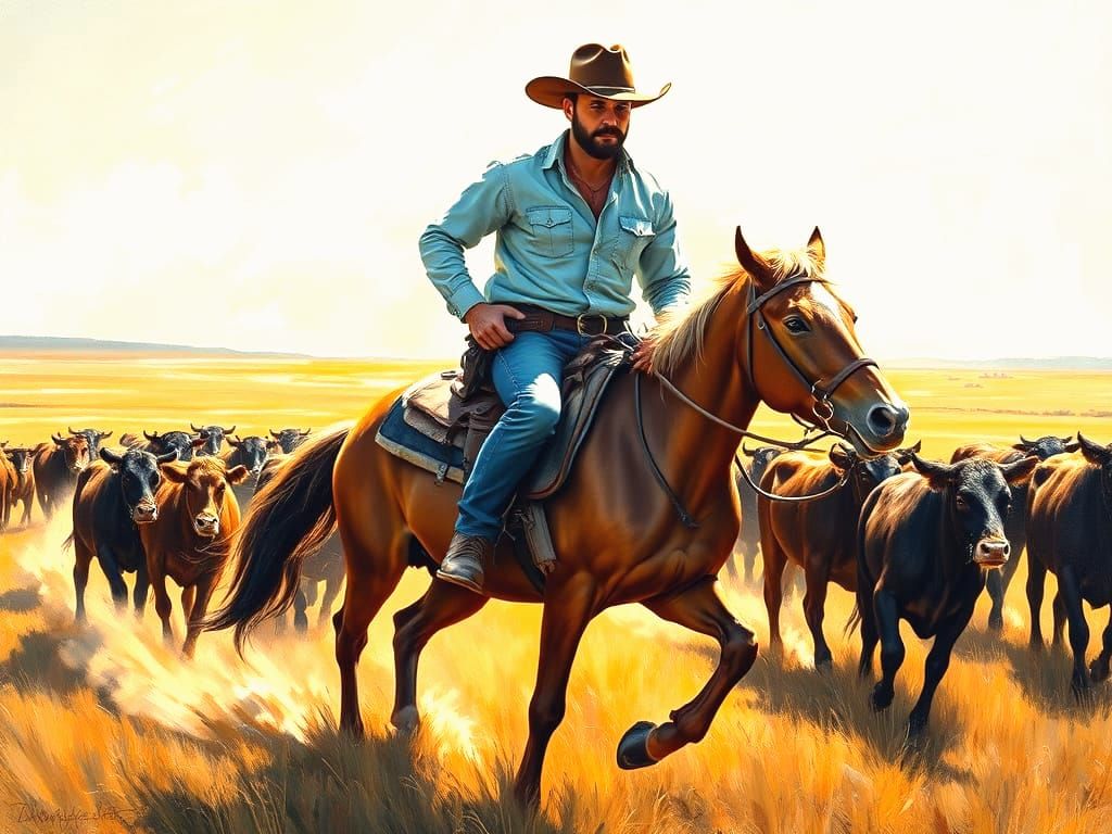 Handsome Cowboy Herding Cows in Oil Painting Style